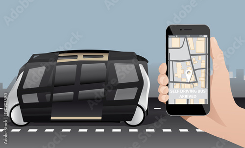 Control of self driving bus by mobile app. Vector illustration EPS 10
