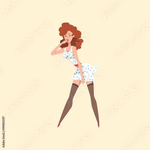 Pin-up model wearing vintage polka-dot dress and black stockings. Sexy curly-haired girl. Cartoon seductive woman standing in pose and smiling. Flat vector design