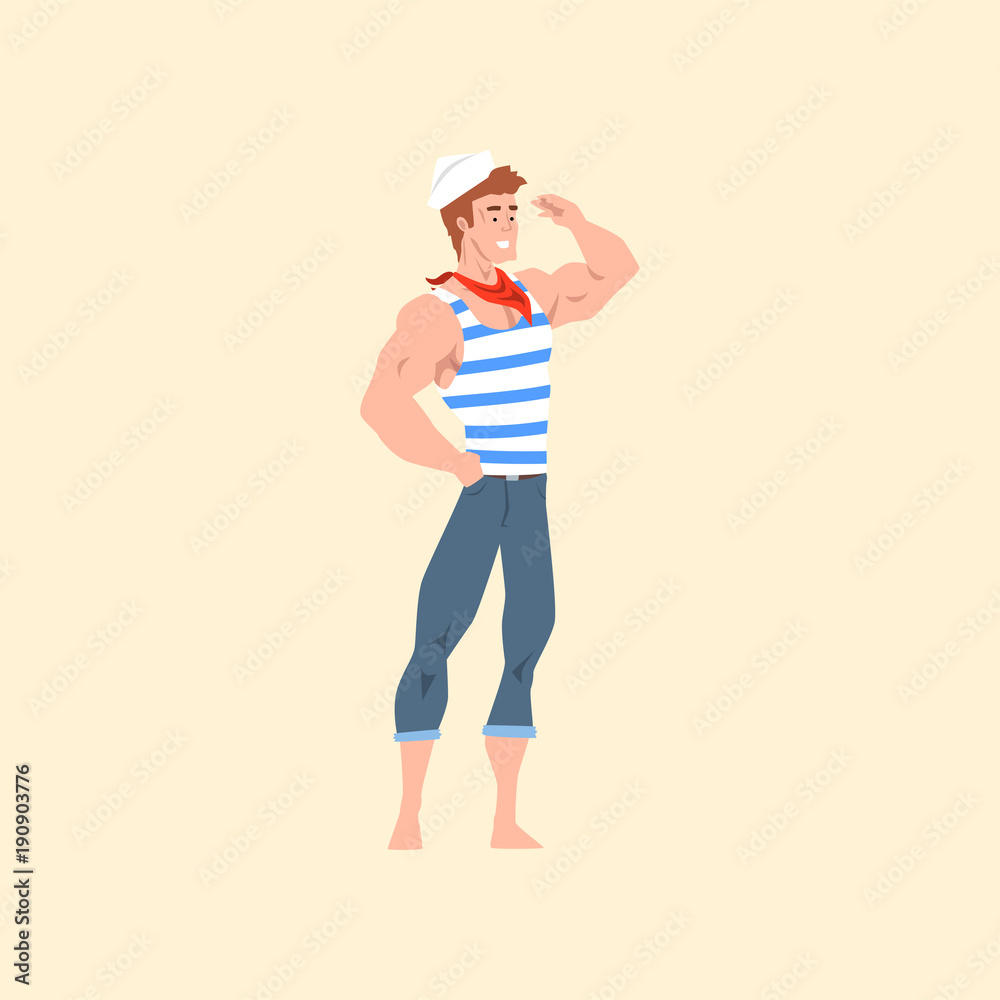 Φωτογραφία Pin-up male model posing in vintage sailor costume striped shirt, jeans, cap and red bandanna