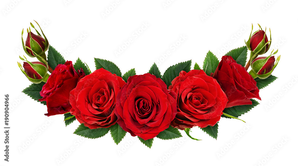 Fototapeta premium Czerwone kwiaty róży, pąki i liście w układzie kwiatowym