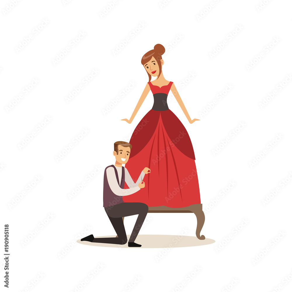 Male clothing designer or tailor working at atelier, young woman making clothes at the tailor vector Illustration Male clothing designer or tailor working at atelier, young woman making clothes at the tailor vector Illustration