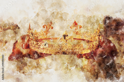 watercolor style and abstract image of lady holding gold crown. fantasy medieval period.
