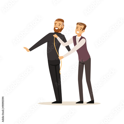 Male dressmaker taking measurements from young man, tailor couture working at atelier vector Illustration