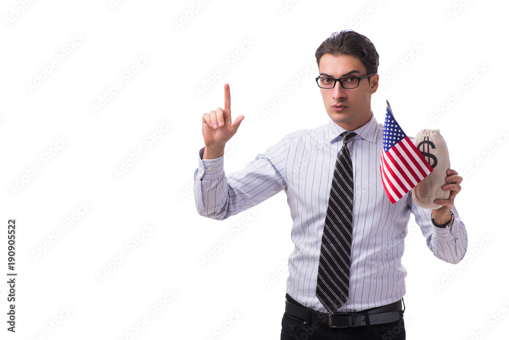 Young businessman with american flag and money sack on white Young businessman with american flag and money sack on white