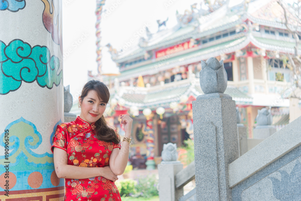 Portrait two beautiful asian women in Cheongsam dress,Thailand people,Happy Chinese new year concept