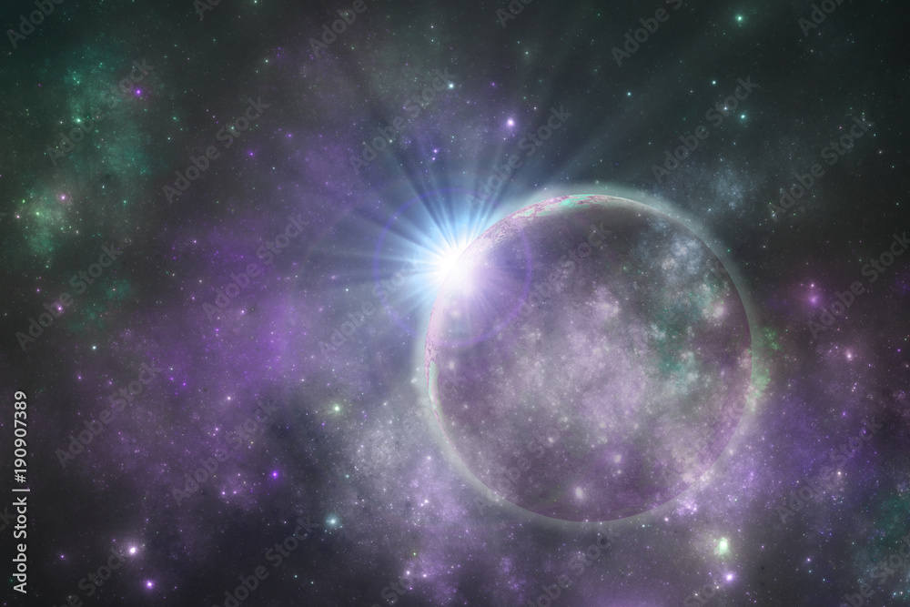 Deep space alien planet with celestial cloud, fantasy universe 3d illustration