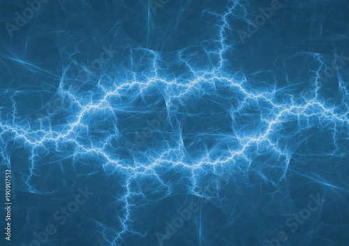 Blue plasma lightning bolt, abstract electrical background