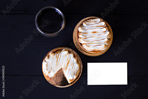 Lemon tart, espresso coffee and a card for your text