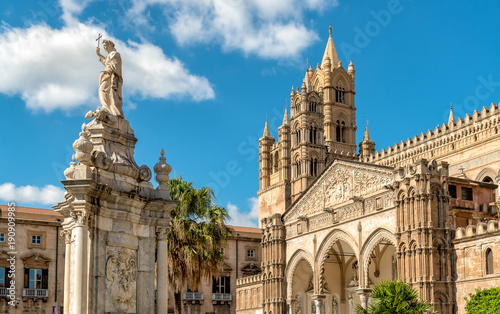 View of Palermo Cathedral with Santa Rosalia statue, Sicily, southern Italy
 photo
