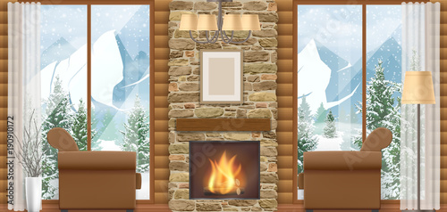 Luxury home interior with a fireplace and mountain view through the window. Vector illustration of a winter vacation.