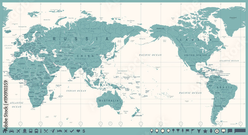Fototapeta Naklejka Na Ścianę i Meble -  Vintage Political World Map Pacific Centered