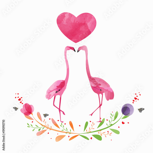 Lover pink Flamingo with pink Heart and tropical floral spring Valentine day collection,Watercolor,vector illustration eps 10 © cfgs1123