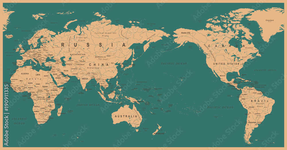 Fototapeta premium Vintage Political World Map Pacific Centered