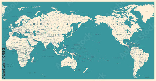 Vintage Political World Map Pacific Centered