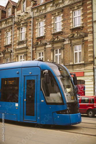 Running trams in the city center of Krakow, Poland