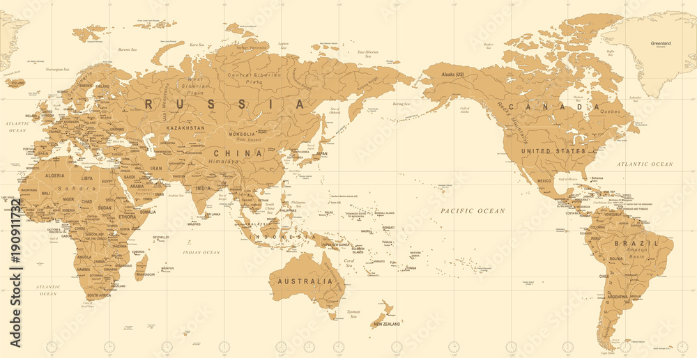 Fototapeta premium Vintage Political World Map Pacific Centered