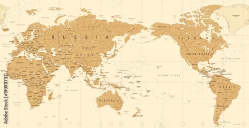 Obraz Vintage Polityczna mapa świata na środku Pacyfiku