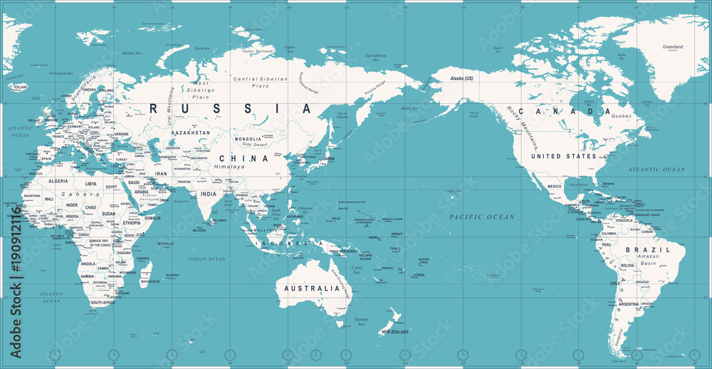 Naklejka premium Vintage Political World Map Pacific Centered