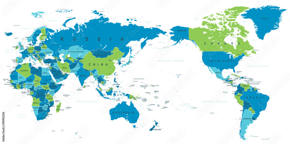 Obraz premium Polityczna mapa świata na Pacyfiku wyśrodkowana