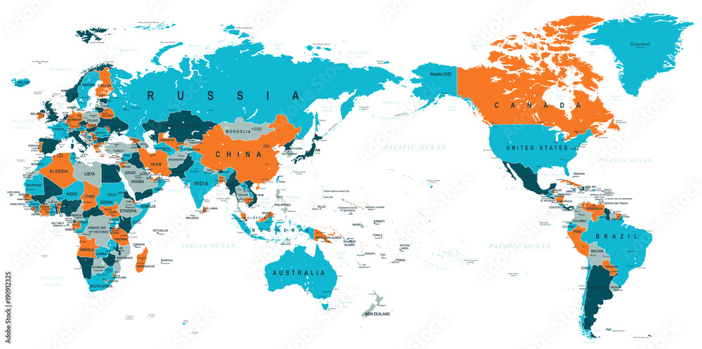 Fototapeta premium Political World Map Pacific Centered