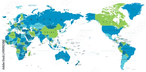 Obraz Polityczna mapa świata na środku Pacyfiku