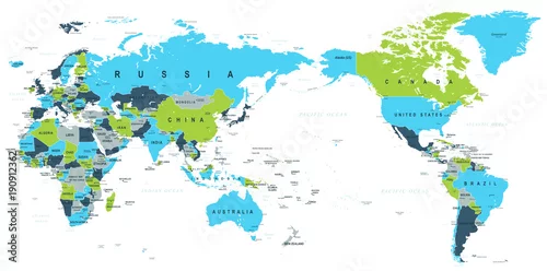 Obraz Polityczna mapa świata na środku Pacyfiku