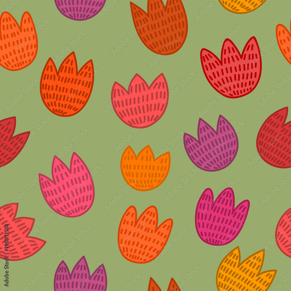 Pattern from hand drawn tulips on green background. Spring vector illustration. Pattern from hand drawn tulips on green background. Spring vector illustration.