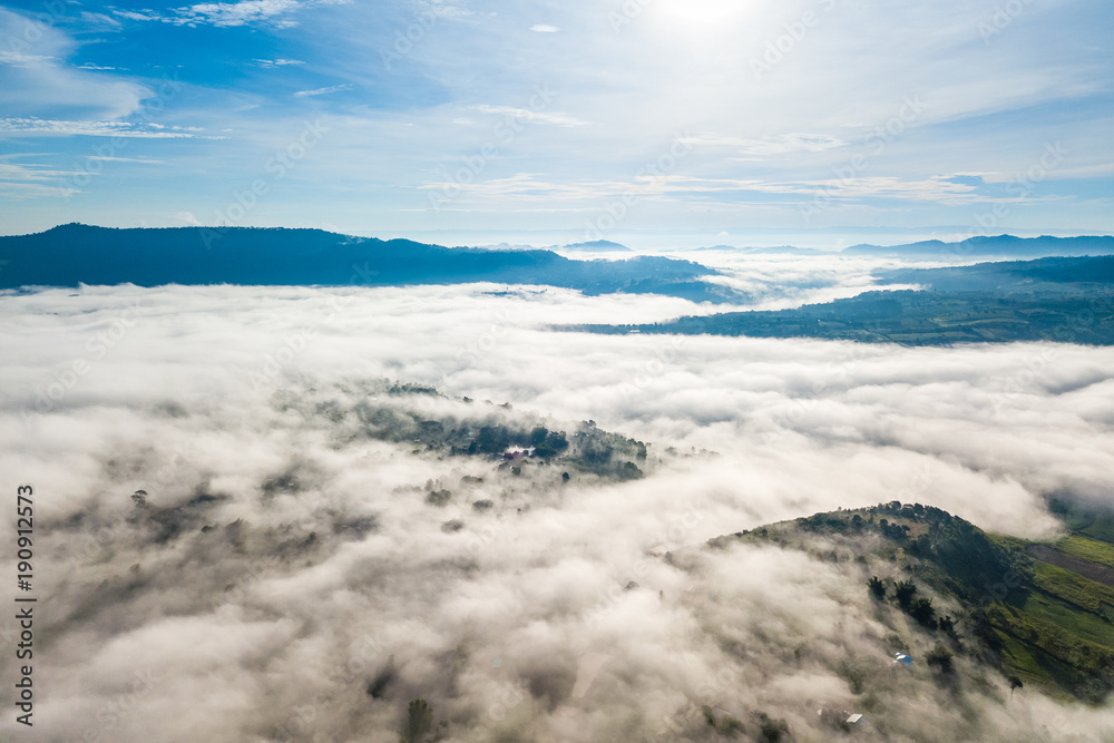 Arial view of Panorama landscape with mountain view and morning fog