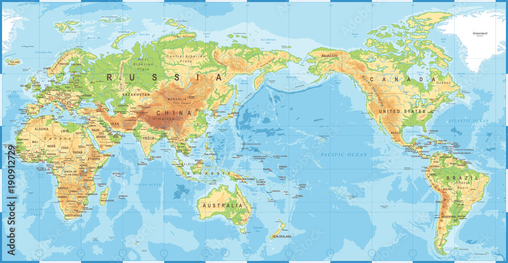 Fototapeta premium Polityczna topografia fizyczna Kolorowa mapa świata Wyśrodkowany na Pacific