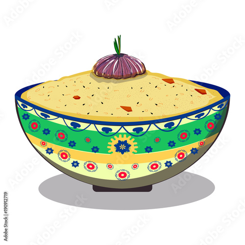 Uzbek pilaf. National dish. On white background