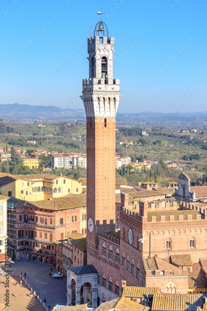 Mangia tower and Town Hall in the city of Siena, tuscany, Italy