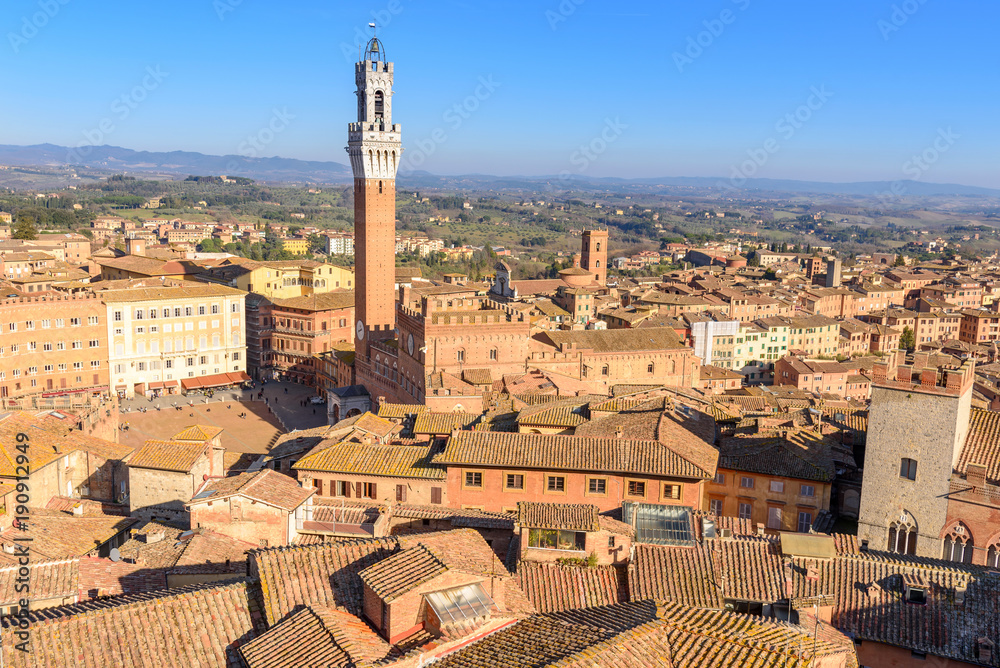 aerial view of Campo square and Mangia tower in Siena, tuscany, Italy