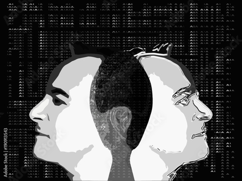 Deux profils imbriqués dos à dos dessinés abstraitement sur un fond noir simulant l'univers de l'intelligence artificielle