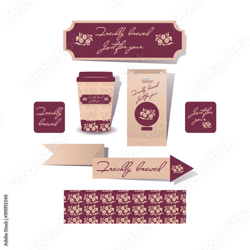 Freshly brewed coffee. Set of objects. Templates of corporate style for fast delivery. Business manuscript for a supermarket, a cafe or coffee shops.