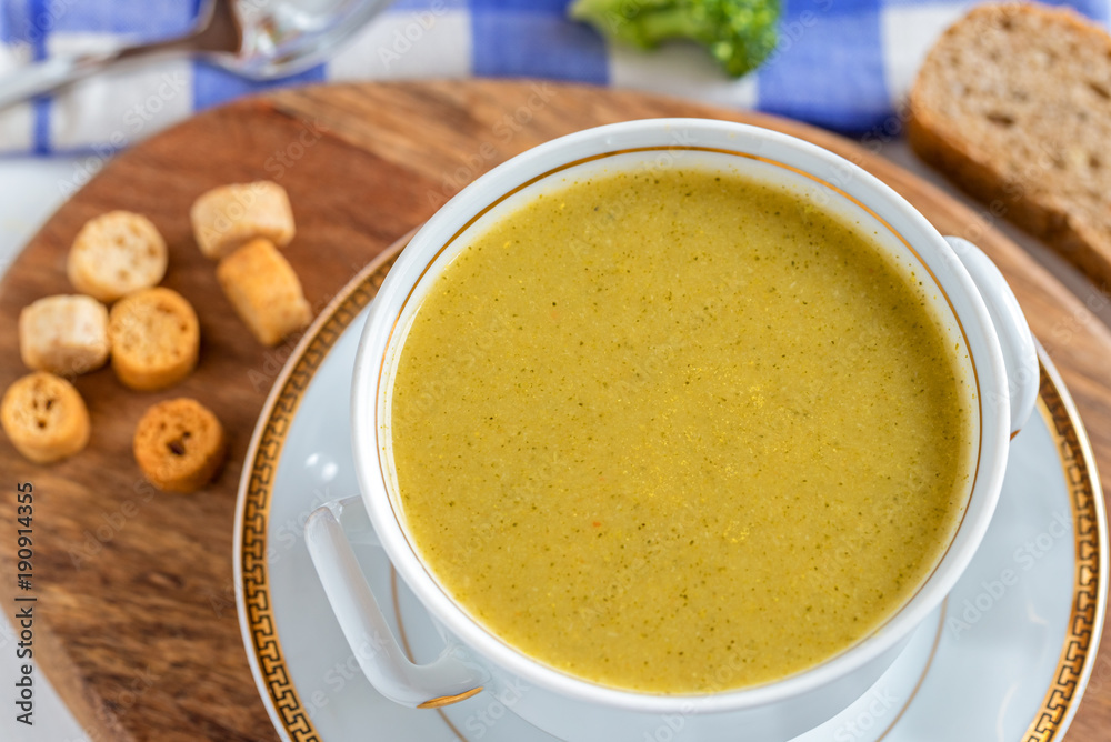 Vegetarian cream soup with broccoli and croutons. Vegetarian cream soup with broccoli and croutons.