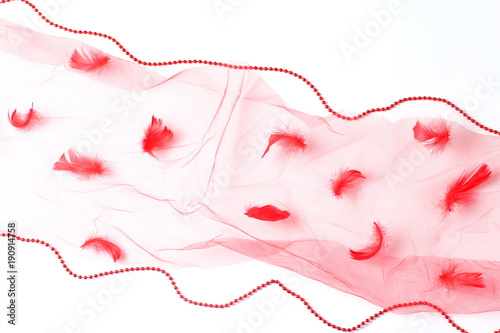 feathers, tulle and beads of red color on a white background. holiday concept, flat lay, top view photo