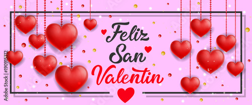 Feliz San Valentin Banner with Hanging Hearts