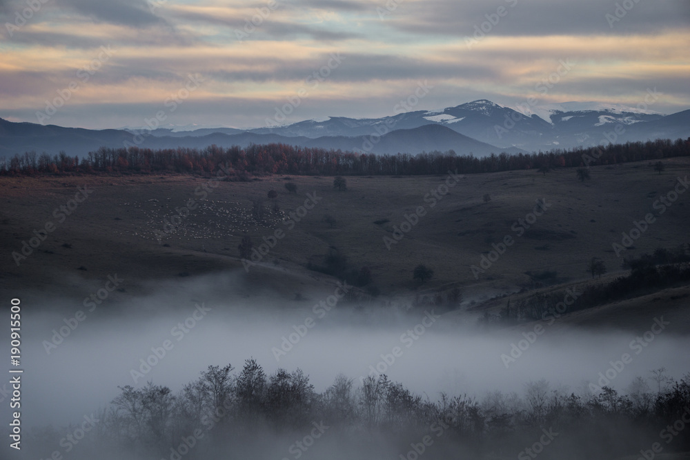 Last light of the day in the mysterious hills of Transylvania, Romania