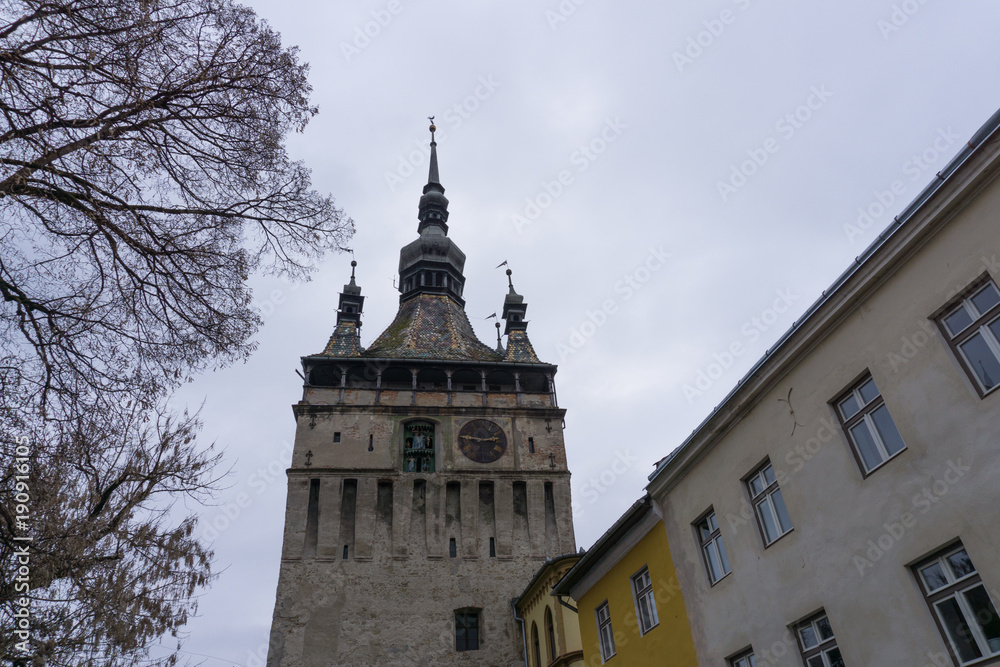 Sighisoara's clock tower seen from the town square