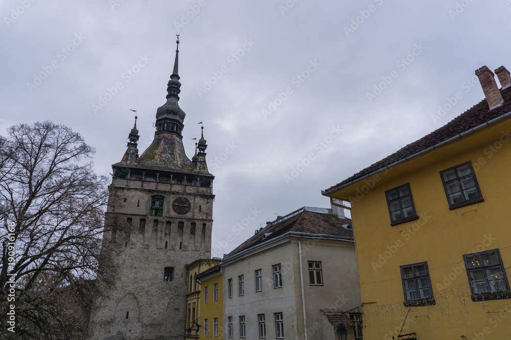 The clock tower of Sighisoara on a gray, winter day