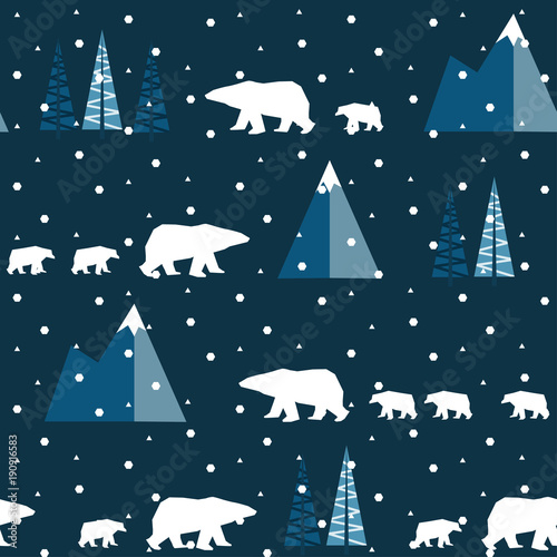POLAR BEAR WITH CHILD IN LINE WAY. SEAMLESS VECTOR PATTERN. WINTER ANIMAL LANDSCAPE IN SNOW FALLING