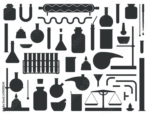 Set of chemical lab equipment silhouette. Laboratory Constructor kit. Vector illustration