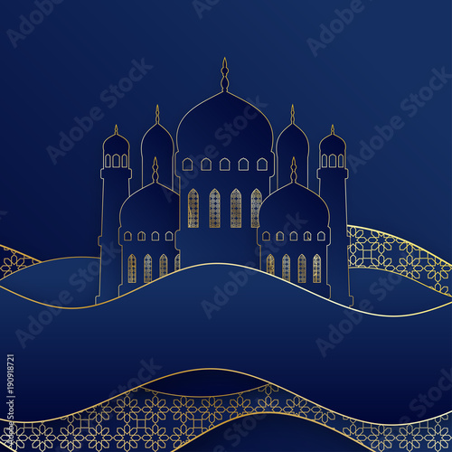 Creative islamic mosque made by paper cutout for holy month of muslim community, Ramadan Kareem celebration. Vector 3D paper mosque and waves