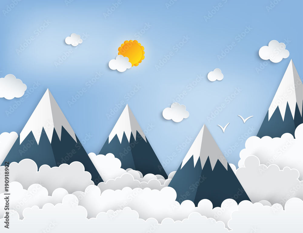 Paper art origami mountains with snow, white fluffy clouds, blue sky, sunrise. Landscape with high mountains. Illustration of nature landscape and concept of travelling.