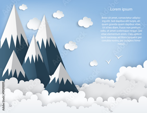 Paper art origami mountains with snow, white fluffy clouds, blue sky, birds. Landscape with high mountains. Illustration of nature landscape and concept of travelling.