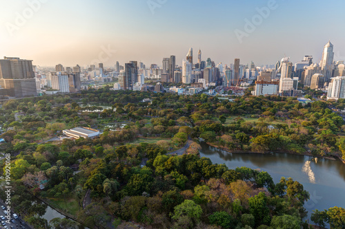 Scenic view of the Lumpini  Lumphini  Park and Bangkok city in Thailand from above.