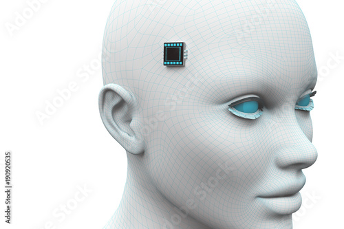 head of a woman with an electronic chip on her temples