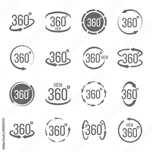 Creative vector illustration of 360 degrees view related sign set isolated on transparent background. Art design. Abstract concept graphic rotation arrows, panorama, virtual reality helmet element