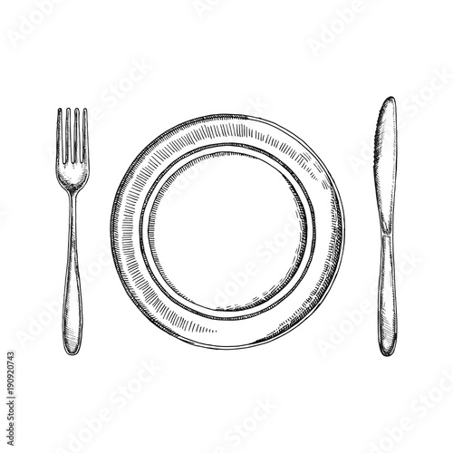 fork knife and a plate of cutlery vector sketch. kitchen accessories. isolated on white 