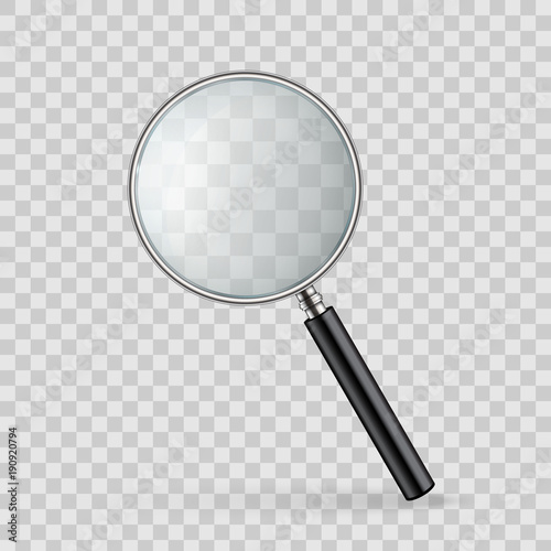 Creative vector illustration of realistic magnifying glass isolated on transparent background. Art design search, inspection symbol. Abstract concept magnifier zoom, tool with hand lens element